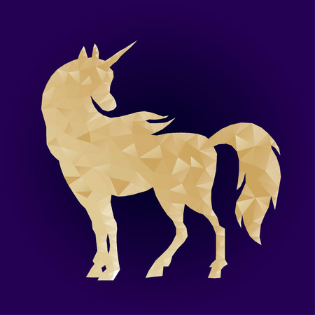 Geometric triangular polygonal illustration of unicorn with gradient. Golden magic horse on blue background. Low poly unicorn silhouette design. Fairy animal. Cute magic fantasy animal. Dream symbol.のイラスト素材