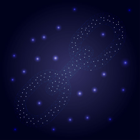 Block chain link low poly design with connecting dots. Internet technology chain icon triangle polygonal security business network concept blue background with stars, wire connected point illustration.のイラスト素材