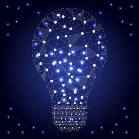 Lightbulb low poly design with connecting dots, stars. Internet technology icon triangle polygonal network concept. Blue sky background, polygon wireframe connected point illustration.のイラスト素材