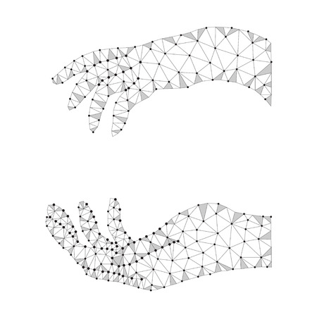 Two female hand gesture, low poly design with connecting dots. Internet technology icon triangle polygonal network concept. White background, polygon wireframe connected point illustration.のイラスト素材