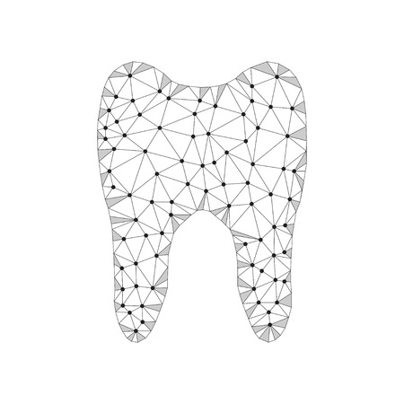 Polygonal tooth abstract illustration, isolated on white background. Dental and orthodontics medical concept. Low poly wireframe design, geometry triangle, lines, dots, polygons, connected points.のイラスト素材