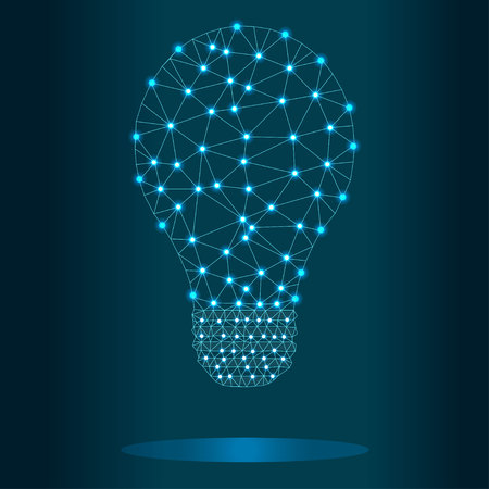 Lightbulb low poly design with connecting dots, stars. Internet technology icon triangle polygonal network concept. Blue sky background, polygon wireframe connected point illustration.のイラスト素材