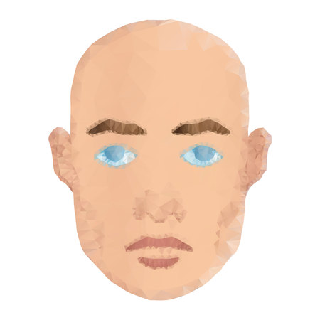 Man face low poly wireframe fashion model. Polygon young man with blank expression looking at camera. Polygonal design. Isolated on white background.のイラスト素材
