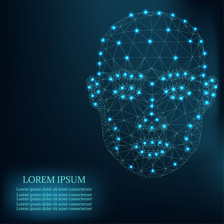 Illustration of human face consisting of polygons, dots and lines. Isolated on futuristic blue background. Lines connected to points, symbolizing the meaning of artificial intelligence.のイラスト素材