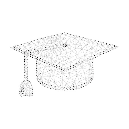 Polygonal graduation cap with line and point, isolated on white background. Business, education concept. Low poly design. Thin line dot wire-frame polygon concept.のイラスト素材