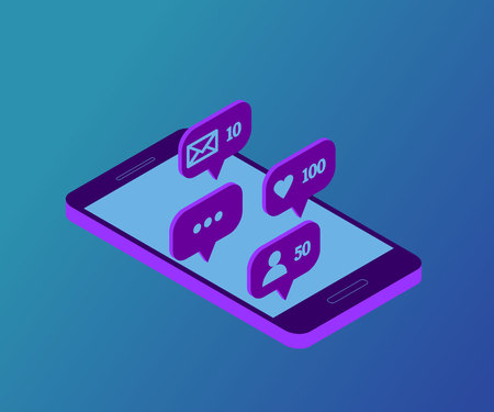 Social media theme. Isolated on blue gradient background. Communication in social networks. Smartphone, mobile phone with message icons, likes and subscribers. 3d isometric concept, flat design.のイラスト素材