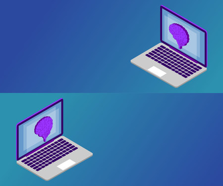 3D Isometric artificial intelligence business or medicine concept. Telemedicine flat illustration. Human brain, side view, on laptop screen.のイラスト素材