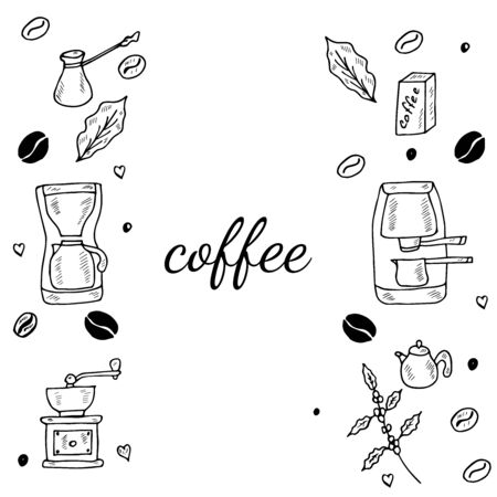 Hand drawn coffee set sketch  illustration, banner. Menu design for cafe, restaurant, coffee shop, doodle design.のイラスト素材