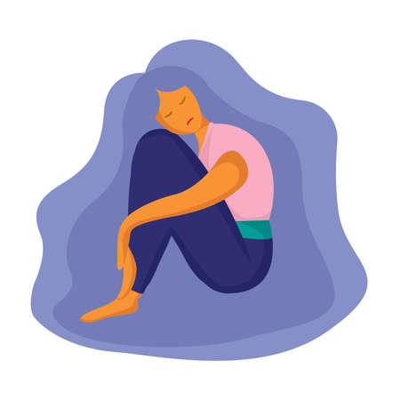 Cartoon vector illustration of psychological concept. Sad lonely woman in depression with long beautiful hair. Young unhappy girl sitting and hugging her knees. Depressed teenager. Isolated on white.のイラスト素材