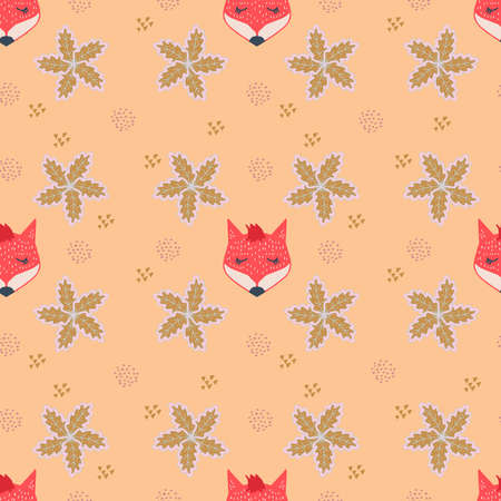 Doodle scandinavian kids texture for fabric, wrapping, textile, wallpaper, apparel. Seamless childish vector pattern with funny fox faces. Sketchy hand drawn illustration.のイラスト素材