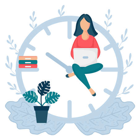 Happy woman sitting on the clock arrows and working on her laptop or smartphone. Multitasking, productivity, deadline and time management concept. Mechanical watches.のイラスト素材