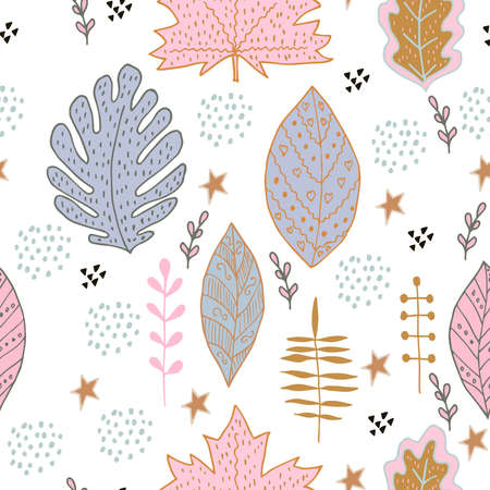 Sketchy hand drawn foliage illustration with leaves and branches of different shape, isolated. Doodle vector, scandinavian design, seamless pattern.のイラスト素材