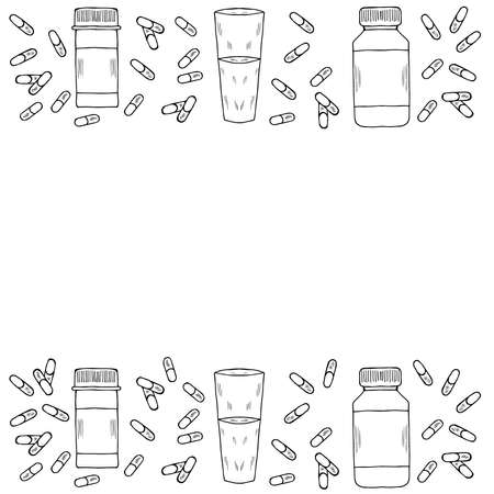 Medicine vials, bottles, pills, vitamin capsule sketch frame, border. For vitamin and dietary supplement. Freehand drawing vector. Doodle style.のイラスト素材