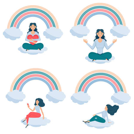 girls sitting rainbow smile set dd wwのイラスト素材