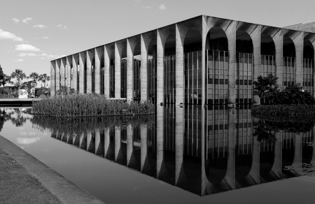 BRASILIA, BRAZIL, 01 MAY, 2016 Itamaraty Palace with Sculpture Meteor by Bruno Giorgi, Black and Whiteのeditorial素材