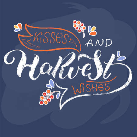 Kisses and harvest wishes. Lettering for ThanksGiving day with berries on textured background.