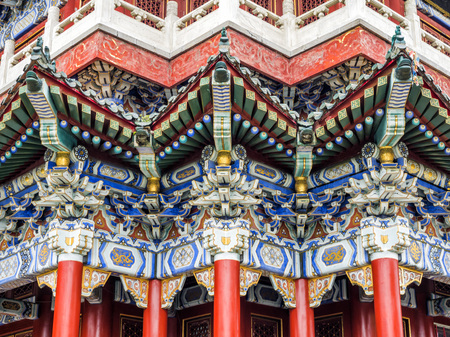 Buddhist Temple with colorful decorative details at the top of the Tianmen Mountain, Hunan Province, Zhangjiajie, Chinaのeditorial素材