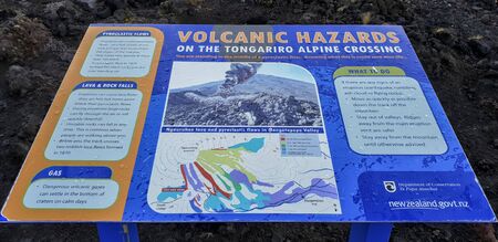 December 3rd, 2018: Volcanic Hazards Sign at Tongariro Alpine Crossing - New Zealand, NZのeditorial素材