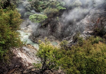 Waiotapu Thermal Wonderland stream with steam - New Zealandの写真素材