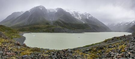 Hooker Valley Glacier Lake with Icebergs at Mount Cook, Aoraki, New Zealand, NZ