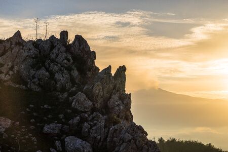 This is the magical view from Mount Veneretta (ME), Sicily, IT. Spectacular scenery including the view from Syracuse until well into the northwest of Sicily as well as the extraordinary view of the harbor of Giardini Naxos, Taormina, Castelmola. Questa Ã¨の写真素材