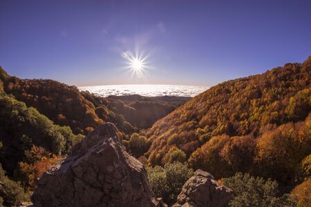 Panoramic view on Etna mount with autumn' colors at sunrise
