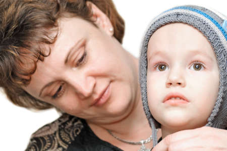 Mom and a young child on a white backgroundの写真素材