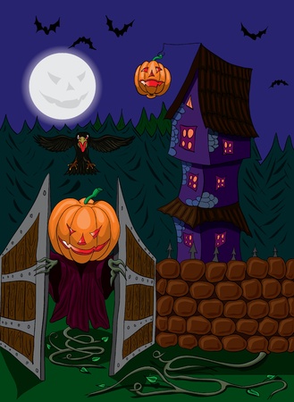 Halloween ghost with pumpkin head opens the gateのイラスト素材
