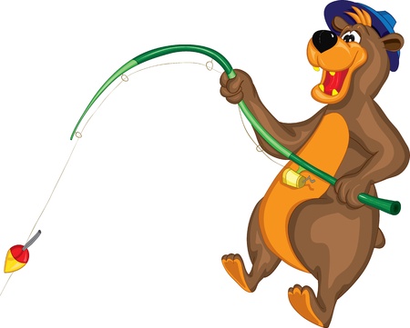 Smiling Bear in blue hat catches a fish a fishing rodのイラスト素材