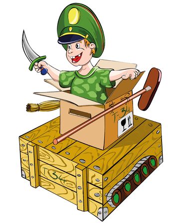Boy in uniform playing in a homemade tank.のイラスト素材