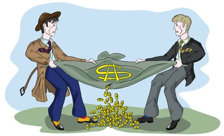 Two men of a businessman breaking the bag of money, Illustrationのイラスト素材