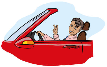 A successful man sits in a car and shows a sign of victoryのイラスト素材