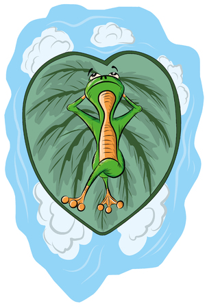 The frog lies on the green leaf and dreamsのイラスト素材