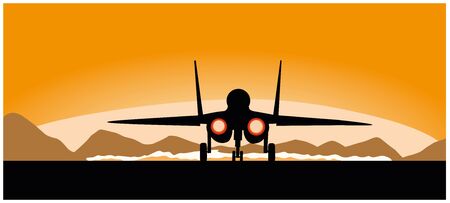 A flying military aircraft on a sunset background, illustrationのイラスト素材