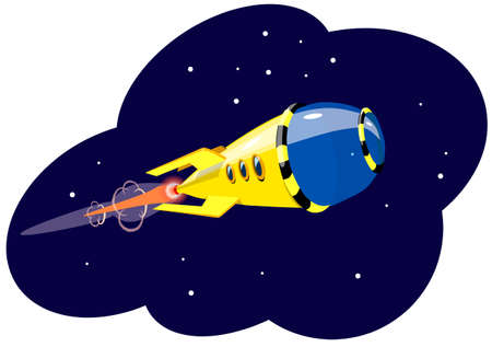 A rocket flying in space, against the background of stars, vector illustration.のイラスト素材