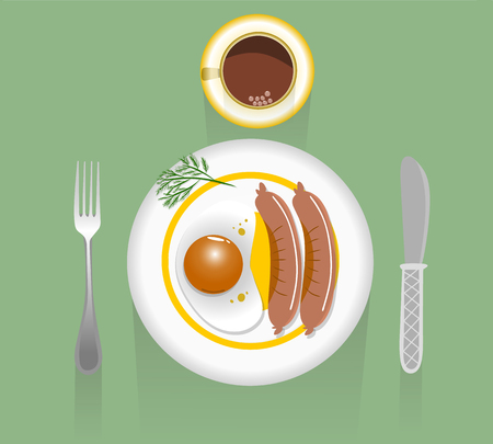 Morning breakfast, fried eggs, sausages and coffee, vector illustrationのイラスト素材
