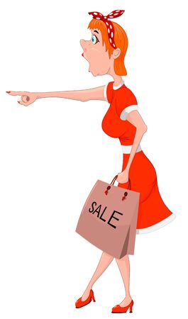Funny girl with a package in hands, with a surprised finger, vector illustrationのイラスト素材