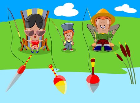 Family of three people is fishing in a pond, vector illustration.のイラスト素材