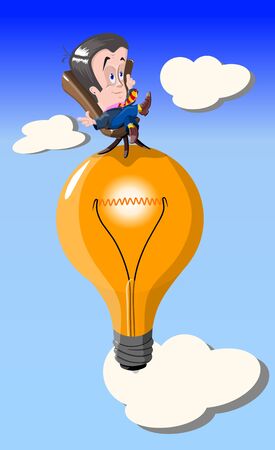 Funny man sits in a chair that stands on a light bulb, vector illustration.のイラスト素材