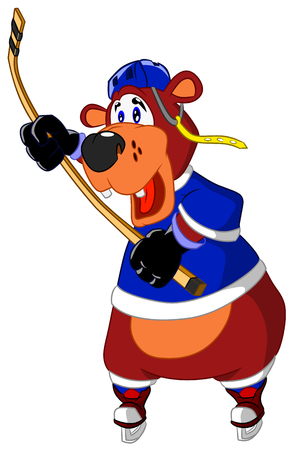 Cheerful bear playing hockey with a puckのイラスト素材