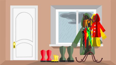 Room hallway design with door and window, vector illustrationのイラスト素材