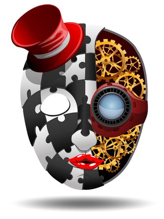 Carnival mask, face in a hat with gears, for holiday, masquerade, Halloween, vector illustration on a white background. Mechanical face concept.のイラスト素材