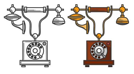 Black silhouette icon of a vintage telephone. Vector illustration isolated on a white background.のイラスト素材