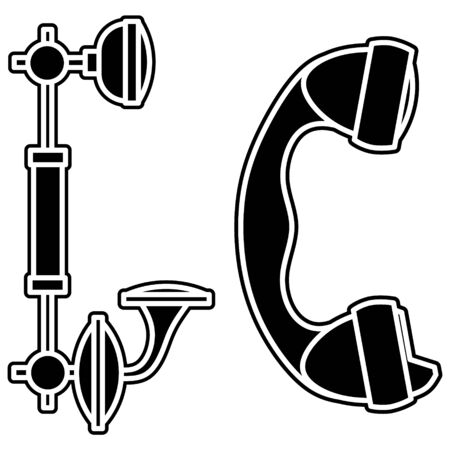 Black silhouette icon of a vintage telephone. Vector illustration isolated on a white background.のイラスト素材