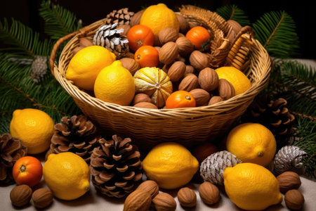 Christmas still life with a basket full of lemons, oranges and nutsの素材