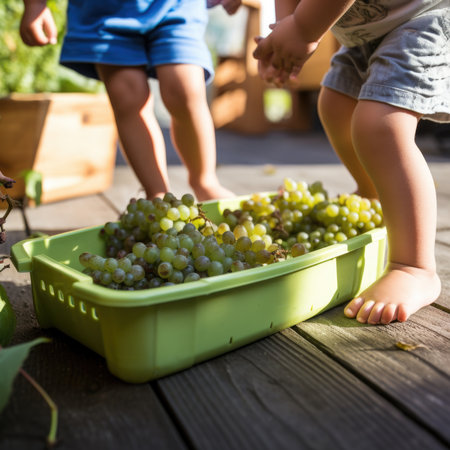 Little boy picking grapes in the garden at the kindergartenの素材