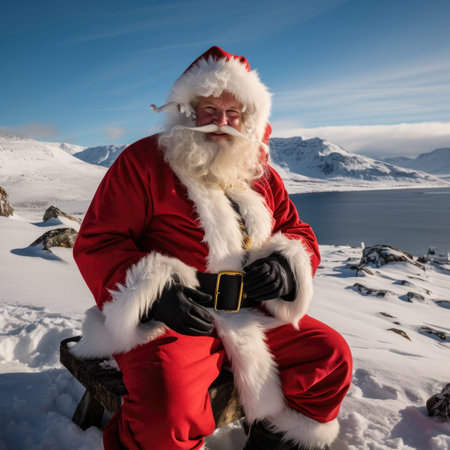 Santa Claus sitting on a log and looking at the fjord.の素材