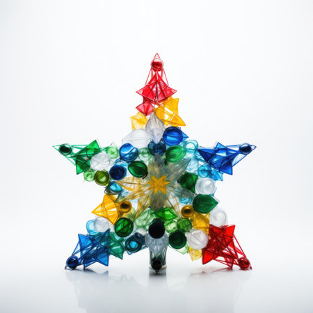 Christmas tree made of multicolored glass toys on a white backgroundの素材