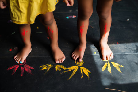 Children using their feet to paint with colored paint on black paper on the floor, AI-generated imageの素材