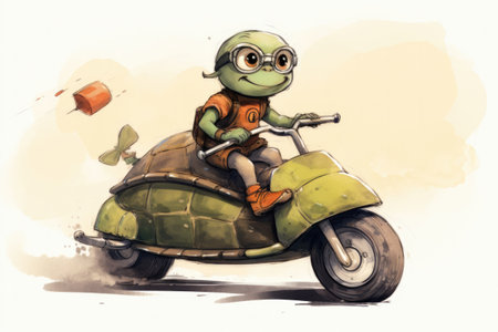 Illustration of turtle on toy motorcycle, AI generatedの素材